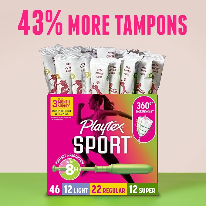 Playtex Sport Tampons Multipack, Light/Regular/Super Absorbency, 46ct