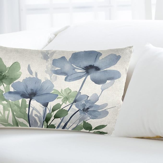 Spring Floral Pillow Covers 12x20 Inch Set of 2 Green Blue Floral Throw Pillow Covers Outdoor Rustic Summer Flower Decoration Pillowcase Farmhouse Decorative Lumbar Cushion Cover For Couch Sofa