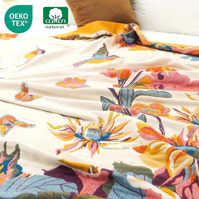 VANJOROY Boho Throw Blanket 100% Organic Cotton 60x80 for Bed Couch, Floral | Cozy Ultra soft, Breathable, Skin-friendly Lightweight,Butterfly Farmhouse Design,Summer Beige Quilt Chair Throw for Gifts