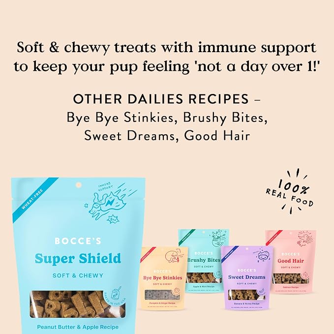 Bocce's Bakery Super Shield Soft & Chewy Dog Treats, PB & Apple (6 oz) | Oven Baked, Wheat-Free Everyday Dog Treat Cookies - Made with Real, Limited Ingredients and Baked in The USA