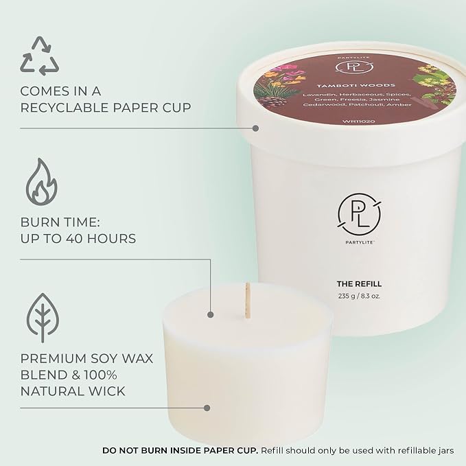 PartyLite Tamboti Woods Scented Candle Refill, Notes of Amber, Patchouli, Lavender & Green Moss, 10oz 1-Wick Aromatherapy Candle, Up to 40 Hours of Luxury Fragrance, Sustainable Premium Soy Wax