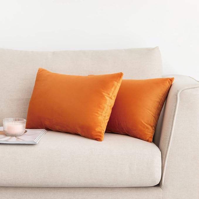 NiNi ALL Orange Velvet Throw Pillow Covers 12x20 Pack of 2 Decorative Couch | Soft Solid Cushion Squar Pillow Cases for Chair Sofa Bedroom Farmhouse Living room Modern Luxury Home Decor Fall Halloween