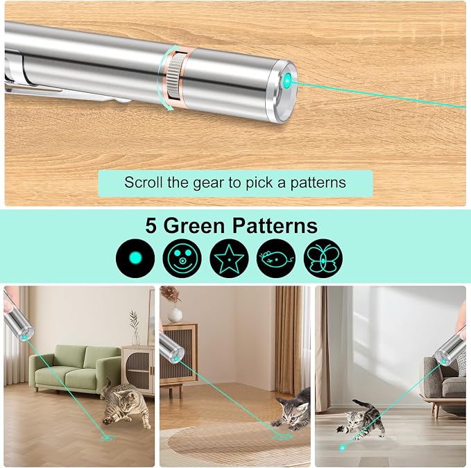 TBTeek Cat Toy, Green Light, with Metal Case,7 Patterns, 2 Pieces | Rechargeable, Interactive Cat Toys Dog Chase Light for Fun Playing Exercise