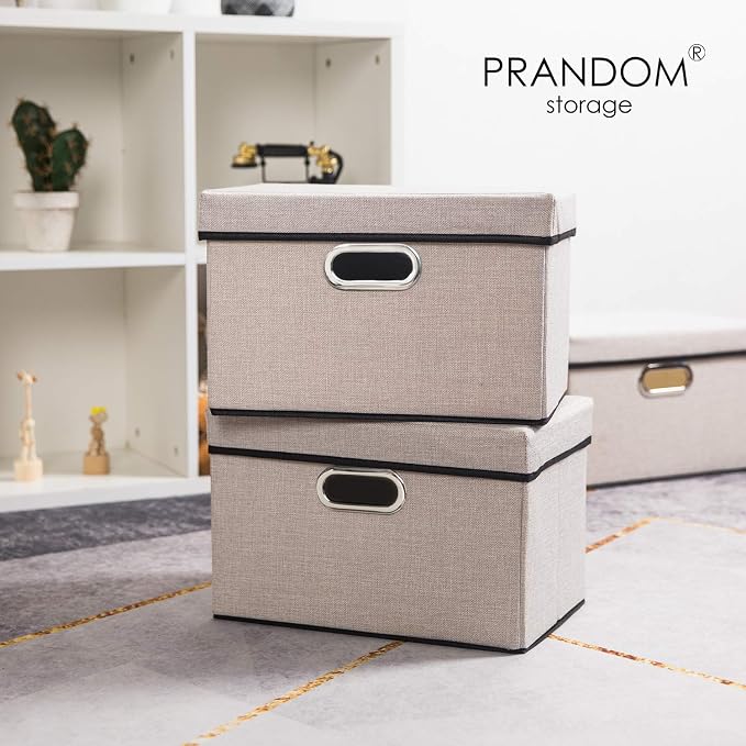 Foldable Storage Bin with Lid [3-Pack] Linen Fabric Decorative Storage Box Organizer Container Basket Cube with Handles Divider for Closet Office Living Room Light Grey(14.9x9.8x9.8)