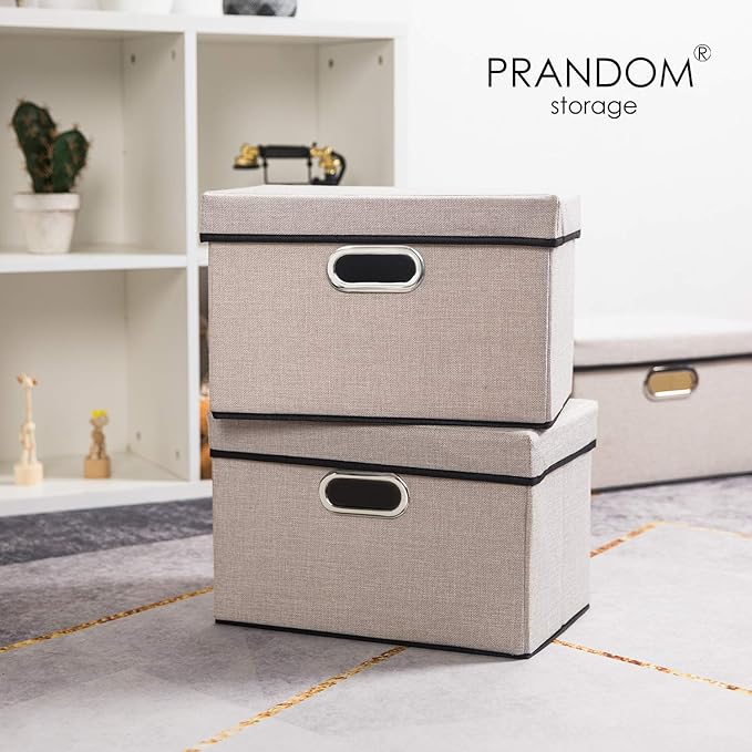 Foldable Storage Bin with Lid [1-Pack] Linen Fabric Decorative Storage Box Organizer Container Basket Cube with Handles Divider for Closet Office Living Room Light Grey(14.9x9.8x9.8)