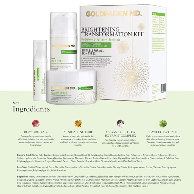 GOLDFADEN MD Brightening Transformation Kit | Advanced Skin Care Regime For Face | Includes Doctors Scrub Microdermabrasion Exfoliator, Pure Start Cleanser & Bright Eyes Eye Cream | 3 Pc Set