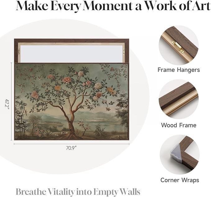 Extra Large Framed Vintage Landscape Wall Art for Living Room, Oversized Chinoiserie Tree Floral Canvas Horizontal Artwork for Walls, Retro Painting Prints Dining Room Hallway Wall Decor, 72x48 Inch