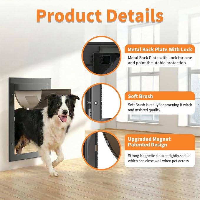 Dog Door for Large Dogs, Large Black Aluminum Frame Pet Door with 2-Way Lock, Easy Install on Interior Door/Screen/Wall, Weatherproof Magnetic Flap