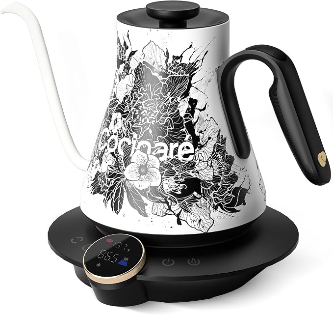 Cocinare Gooseneck Electric Kettle, ±0.5°F Precise Temperature Control, 1500W Fast Heating, Pour-Over Coffee & Tea, Stainless Steel, 0.9L (Artisan Blossom Design)