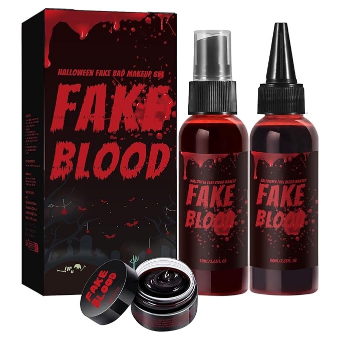 Fake Blood Makeup Kit – Realistic Halloween Fake Blood Spray & Gel for SFX, Cosplay, Costume, Stage, Zombie, Vampire, Scab Effects – Non-Toxic, Easy to Apply & Wash Off 【3-Pack】