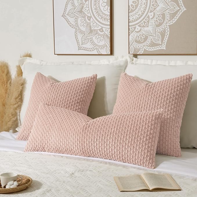 Kevin Textile Soft Corduroy 14"x36" Lumbar Pillow Cover 1 Pack, Light Pink | Boho Stripe Plush Corduroy Decorative Oblong Cushion Cover Modern Farmhouse Home Decor for Sofa Couch Bed Chair