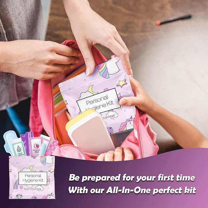 3 x Menstrual All-in-One Kits - Assorted Colors | Convenience on The Go | Single Period Kit Packs | Individually Wrapped Feminine Hygiene Products (Rainbow and Unicorns/Pink/Purple)