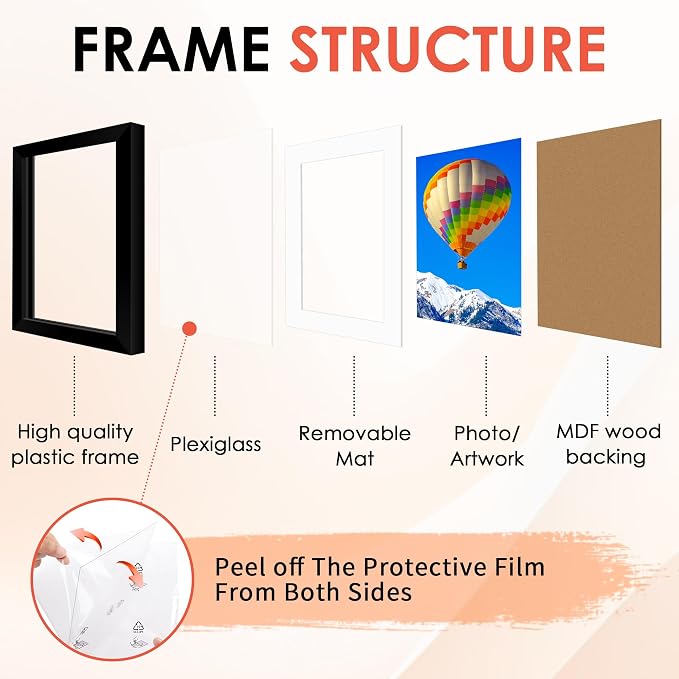 11x14 Picture Frame Set of 6, Black Photo Frames Bulk with HD Plexiglass, Display Pictures 8x10 with Mat or 11x14 Without Mat, Multi Picture Frames Collage for Wall Decor