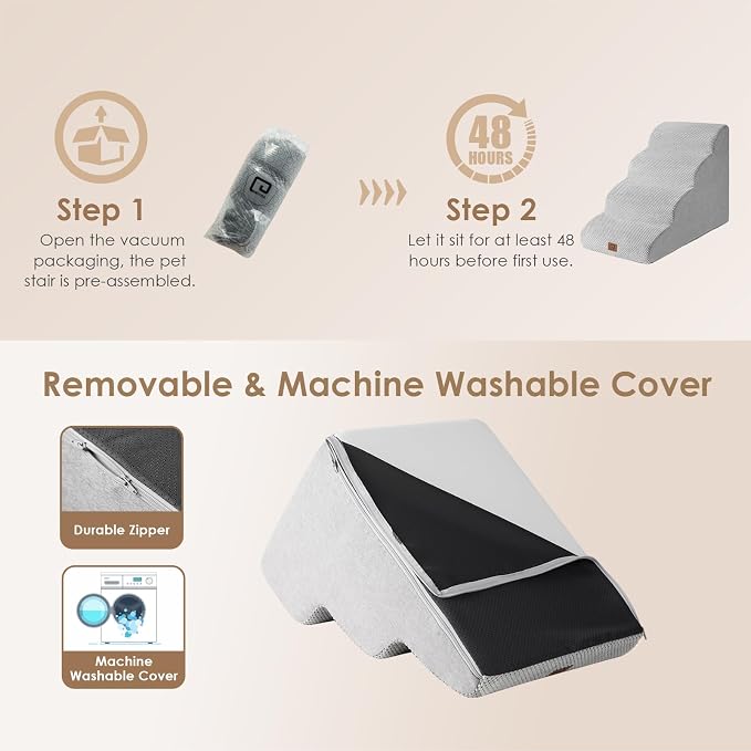 EHEYCIGA Curved Dog Stairs Ramp, 4-Step High Beds, 19.7" H Pet Step | 33D density of pure foam, for Small Dogs and Cats, Pet Stairs for High Bed Climbing, Non-Slip Balanced Indoor, Light Grey