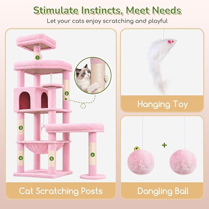 Globlazer Extra Large Platform Cat Tree, 65in Sturdy Cat Scratching Tree for Indoor Cats Large Adult, Big Cat Perch Tower with 3 Padded Perches, 6 Scratching Posts, Cat Condo, Hammock, S65, Pink