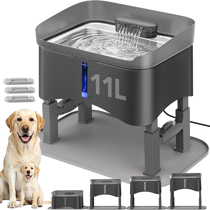 11L Elevated Dog Water Fountain No-Spill with 4 Heights Adjustable | Large Capacity, No-Splash, Anti-Slip Mat, 304 Stainless Steel Tray, 5-layer Filtration, for Senior/Large Dog & Multi-Pet Home