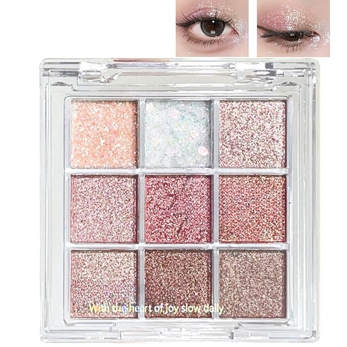 9 Colors Glitter Shimmer Eyeshadow Makeup Palette, Korean Natural Eye Shadow Palettes Highly Pigmented Long Lasting Waterproof Blendable sombras para ojos Pink Golden Brown Women Girls Eye Shadow