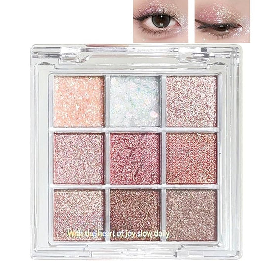 9 Colors Glitter Shimmer Eyeshadow Makeup Palette, Korean Natural Eye Shadow Palettes Highly Pigmented Long Lasting Waterproof Blendable sombras para ojos Pink Golden Brown Women Girls Eye Shadow