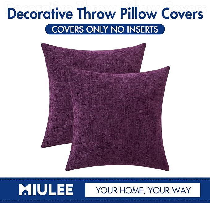 MIULEE Soft Chenille Throw Pillow Covers Plum Purple 18x18 Inch Pack of 2 | Modern Home Decor, Classic Decorative Pillows, Solid Dyed Cases, Boho Couch Cushion Covers for Sofa Bed Living Room