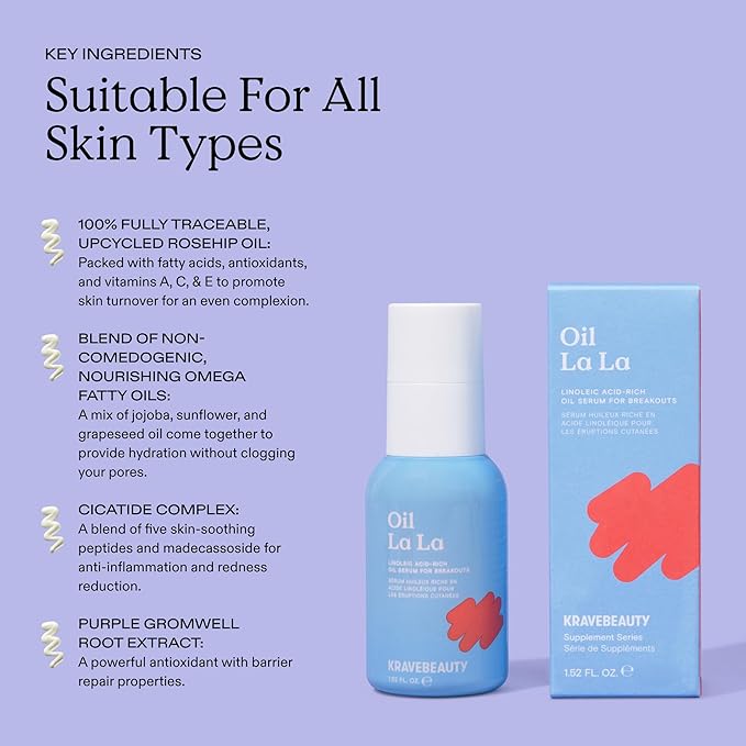 KraveBeauty Jumbo Oil La La Serum – K-Beauty Linoleic Acid-Rich Oil, Non-Comedogenic, Helps Breakouts, Clogged Pores & Dark Spots, Vegan & Cruelty-Free, 3.38 fl oz