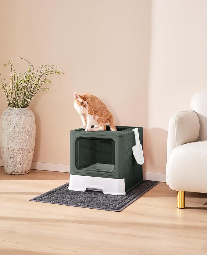 Cat Litter Box with X-Large Litter Mat and Scoop(Upgrade Olive Green) | Large Covered Litter Box with Lid, Enclosed Kitty Box,Front Top Entry Exit, Odor Control Easy to Clean