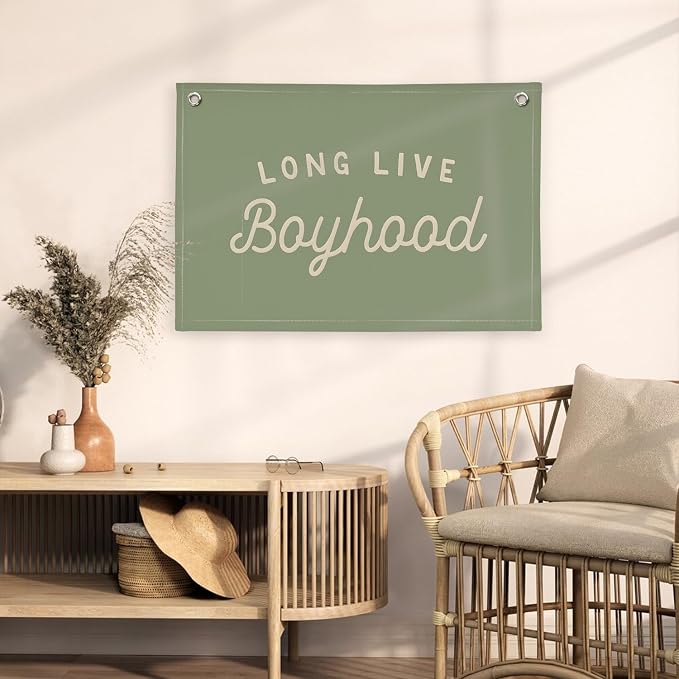 Long Live Boyhood Boys Room Decor, Sage Green Nursery Playroom Toddler Boy Linen Canvas Banner Wall Hanging Flag Baby Little Boy Kids Teen Room Bedroom Decorations, 30x20 Inch