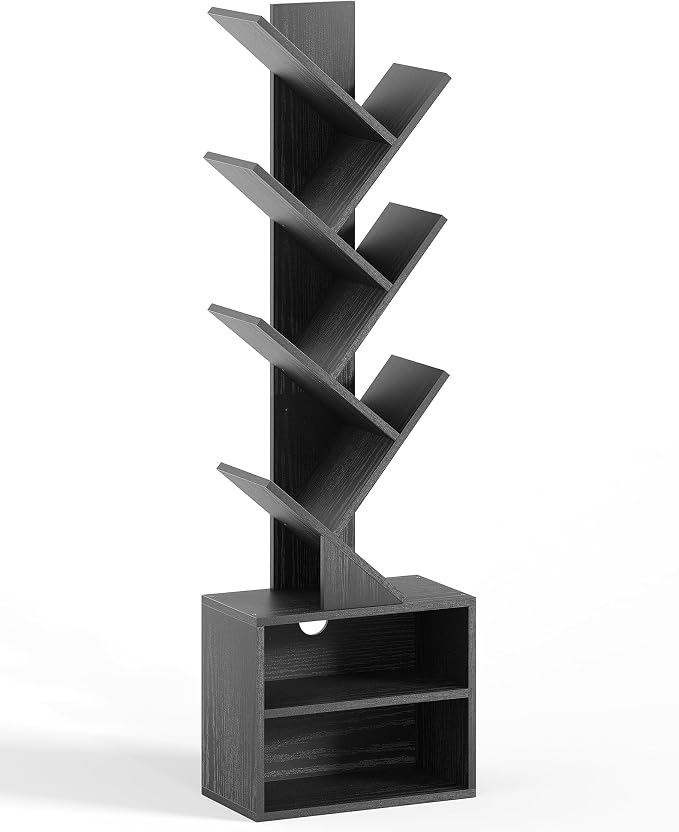 SUNMORY 6 Tier Tree Bookshelf, Tall Small Bookcase with Storage Cabinet | Modern Narrow Bookshelves Organizer, Floor Standing Book Case Shelf for Bedroom Living Room Home Office Corner, Black