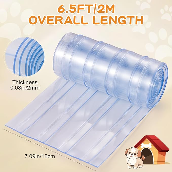 Dog Door Replacement Flaps,6.5FTx7.09in Doghouse or Kennel Door Flap, Plastic Vinyl Door Strips, Transparent Doghouse for DIY Dog or Cat Door, Easy to Cut & Install