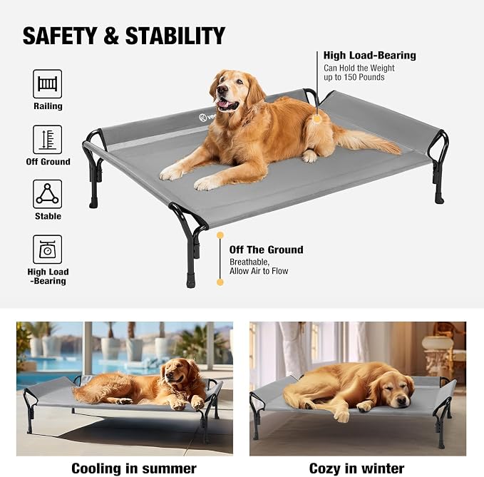 Veehoo Cooling Elevated Dog Bed, Raised Dog Cot with Guardrail & Headrest | Washable Dog Couch Bed for Indoor & Outdoor, Durable Breathable Teslin Mesh, Non-Slip Feet, Large 47" x 32", Grey