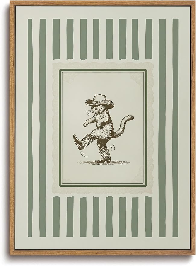 ZZLWBKGL Western Wall Decor Cowboy Cat Canvas Art Nursery Framed Wall Art | Vintage Artwork Boho Striped Paintings Funny Animal Picture for Living Room Kids Room Bedroom 12x16in