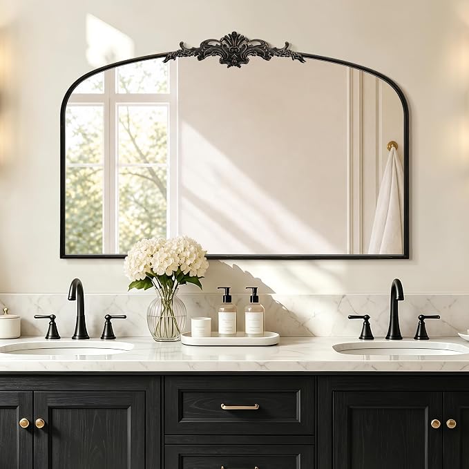 Besdomus Antique Arch Black Mirror: 55"x36" Extra Large Decorative Mirrors | French Vintage Baroque Ornate Metal Frame for Home Renovation - Ideal for Double Vanity/Entryway/Fireplace Mantel/Living Room