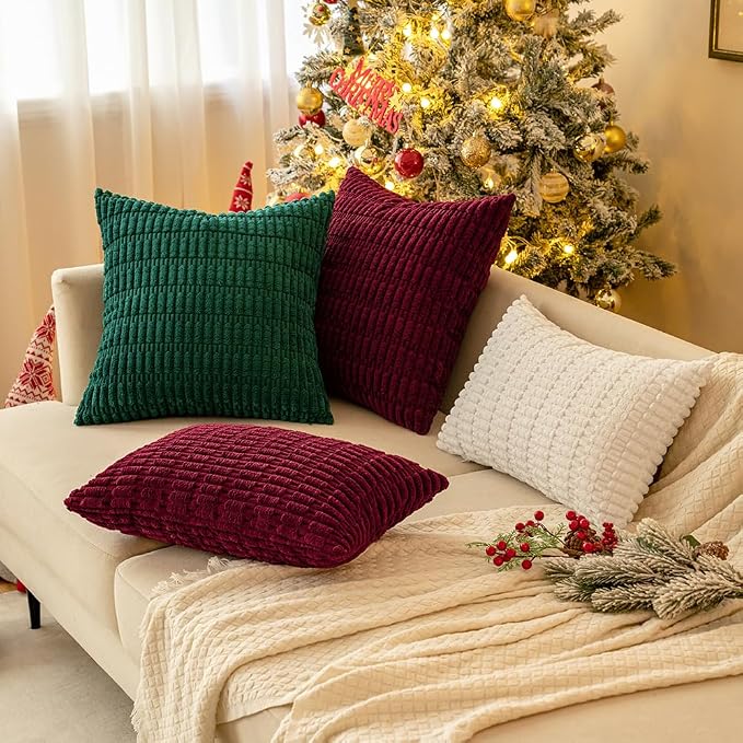 MIULEE Corduroy Decorative Throw Pillow Covers 20x20 Burgundy Pack of 2 | Soft Boho Striped Pillow Covers Modern Farmhouse Home Decor For Sofa Living Room Couch Bed