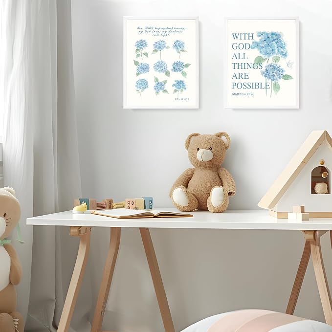LARTSFRO Hydrangea Floral Bible Wall Art Decor Posters, Blue Floral Spring Christian Room Bathroom Bedroom Dorm Wall Art Decor Aesthetic for College Teen Girls Gifts, Inspirational Bible Verses Wall Decor, 10x8 Inch Set of 4 Pcs Hydrangea Pictures (UNF...