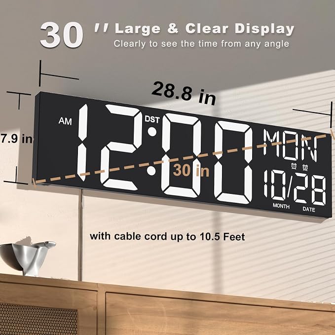 JALL 30" Extra Large Digital Wall Clock, Giant LED Wall Clock with Remote Control, Digital Clock with Jumbo Numbers for Living Room, Gym, Warehouse, Office, Home Decor, Plug-in, White