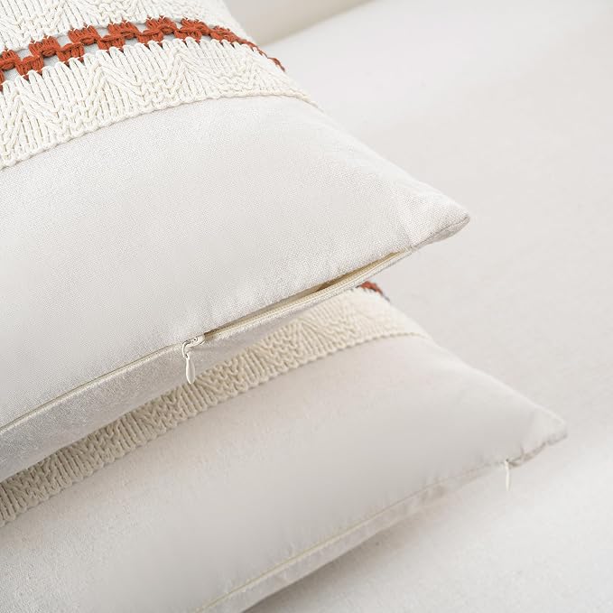 Fancy Homi Set of 2 Boho Burnt Orange Decorative Throw Pillow Cover 22x22 Inch for Couch Bed Sofa, Aesthetic Modern Organic Farmhouse Home Decor, Soft Cotton Cute Accent Macrame Woven Cushion Case