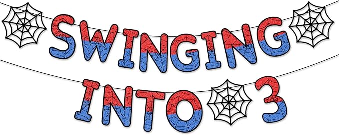 Spider Theme 3rd Birthday Banner Glitter Swinging into 3 Banner Pre-strung Ghost Spider Web 3rd Birthday Decorations Party Supplies for Third 3 Year Old Boys Girls Kids(3 Years)