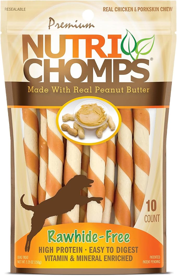 NutriChomps Rawhide Free Dog Chews, Real Peanut Butter, 5in Twists, 10ct | Long-lasting chew. High protein, low fat, healthy & delicious treat for dogs.