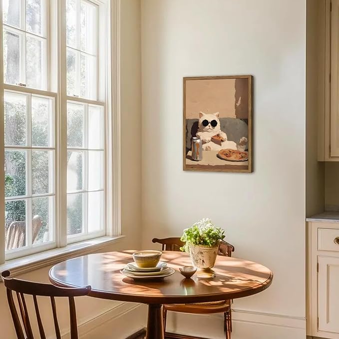 Funny Kitchen Cat Wall Art, Whimsical Animal Wall Decor Painting 3D Textured Sandstone Poster Picture Print Cute Cat Artwork for Bedroom Dining Room Nursery 12x16 inch Wood Framed
