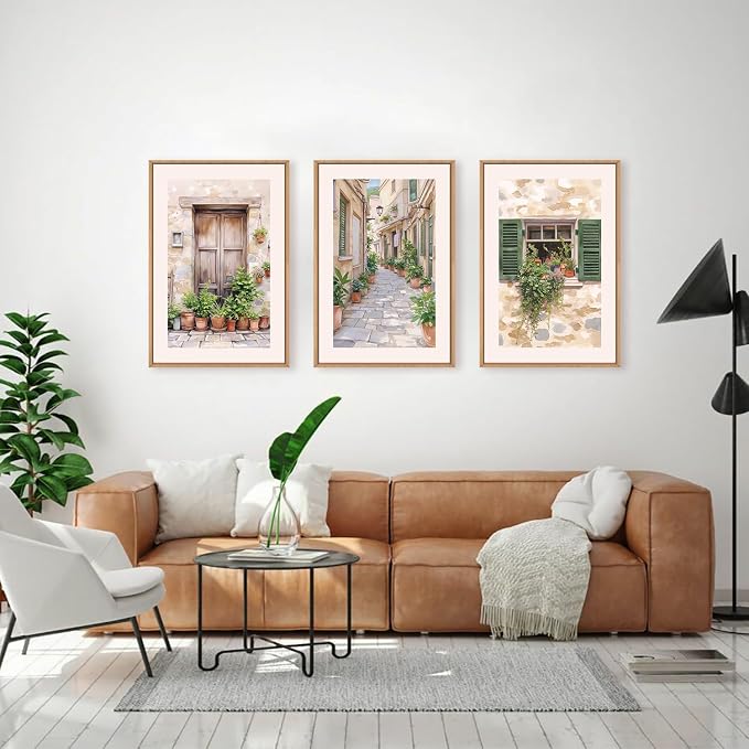 FWIEXA Italy Streets Travel Framed Wall Art Set, Green Botanical Wall Decor, Vintage Italian Style Countryside Villages Wall Print, Potted Plant Canvas Artworks, 3 Pieces Nature Landscape Painting for Bedroom, Office, Living Room