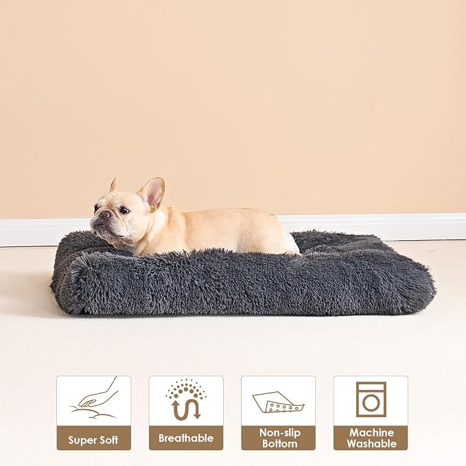 EHEYCIGA Fluffy Dog Crate Bed for Small Dogs, Plush Crate Pad, Dark Grey | Calming Anti Anxiety Small Dog Bed, Washable Soft Warm Faux Fur Crate Mat with Non-Slip Bottom