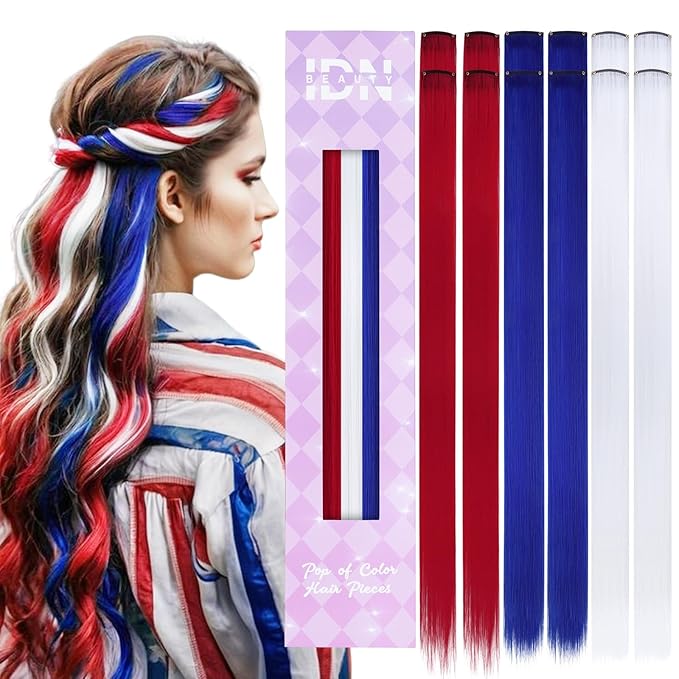 IDN BEAUTY Colored Clip in Hair Extension, 12PCS Red Blue White 24Inch Multicolored Deep Purple Mix Synthetic Hair Pieces for Women, Hair Accessories for Party Cosplay Travel Birthday
