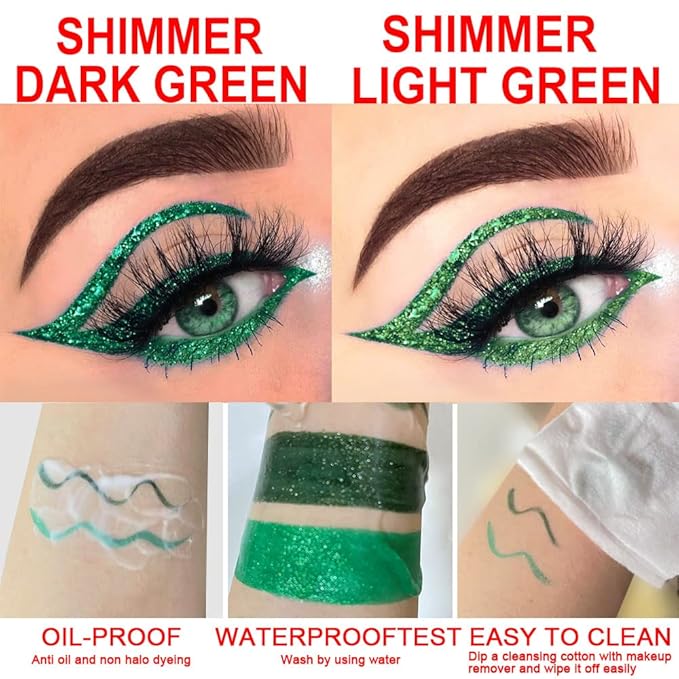 evpct 2Pcs Emerald Dark Green Glitter Shimmer Liquid Eyeliner Eye Shadow Makeup Pencil, Green Face Body Glitter Fake Eyelashes Lashes Mascara Accessories, Sparkle Metallic Colored Eyeliner Waterproof