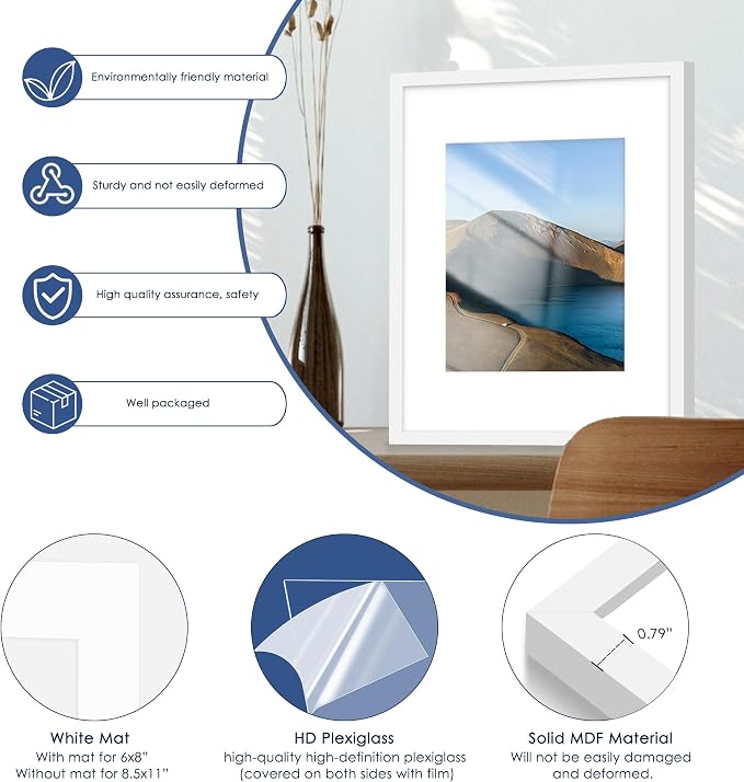 12x16 Picture Frame Set of 6, Wall Mount Display, White | Display Pictures 8.5x11 with Mat or 12x16 Without Mat, Horizontal or Vertical, Gallery Wall Frame Set, Wedding Birthday Gifts
