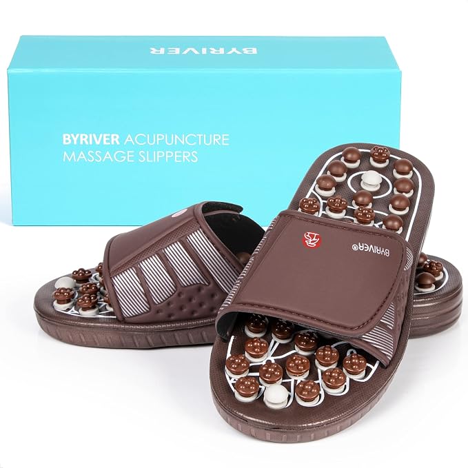 BYRIVER Acupressure Foot Massage Mat, Reflexology Tools, Spiky Ball Roller Therapy Sandals Shoes Slippers, Relief Muscle Fatigue, Sciatica, Heel, Lower Back Pain (03L)