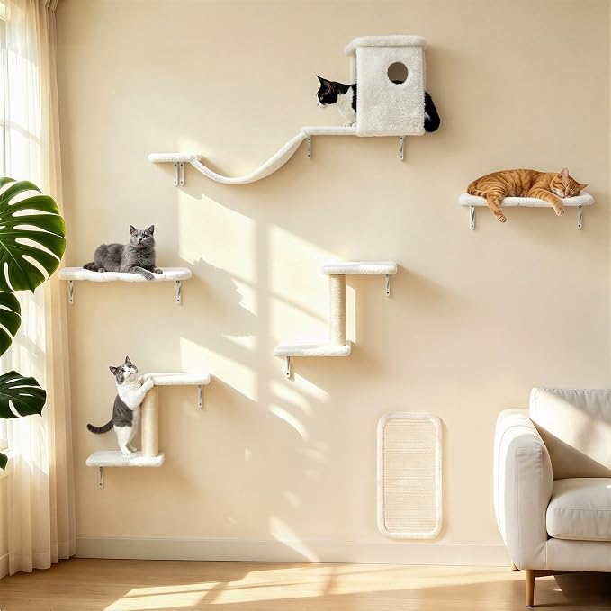 Meecal 6-in-1 Cat Wall Shelves, Wall Mounted Cat Furniture Set, Cat Shelves for Wall with Scratching Posts, Cat Bed & Bridge, Space Saving Cat Climbing Perch for Kittens, White