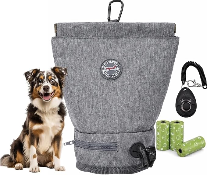 Dog Training Treat Pouch Kit with Clicker, Poop Bag Dispenser & 3 Bag Rolls, Portable Treat Training Pouch with Carabiner Clip, Gray