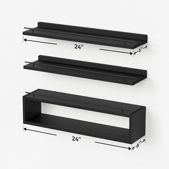 Floating Shelves for Wall 24 inch with Cube Shelf, Wall Shelves with Metal Rail for Decor, Bathroom Organizers and Storage, Over Toilet Shelves for Bathroom, Toilet Paper-Black