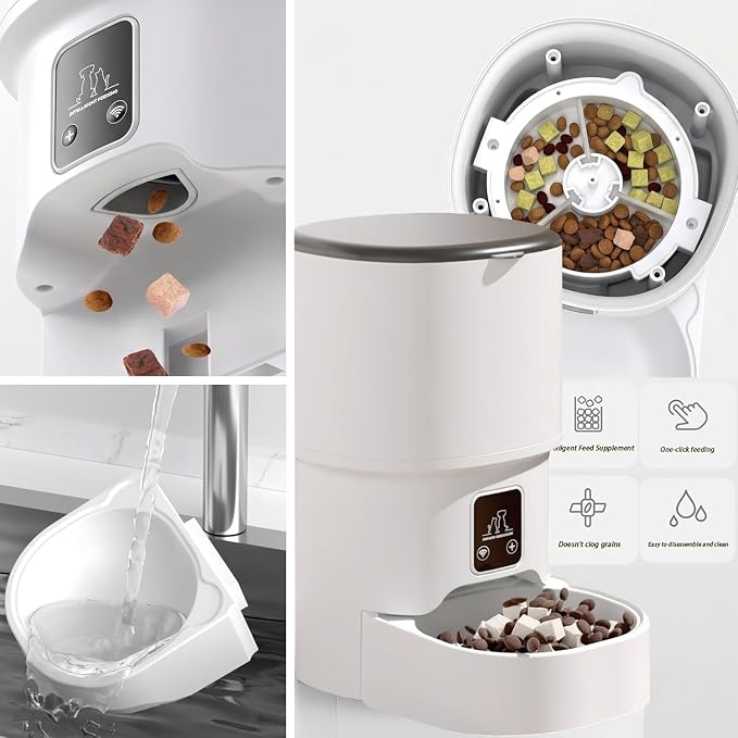 Automatic cat feeder,4L timed pet food dispenser with 2.4G WiFi,Detachable | Dual power timed dry goods dispenser, suitable for cats and dogs, suitable for outdoor use, mobile phone controllable
