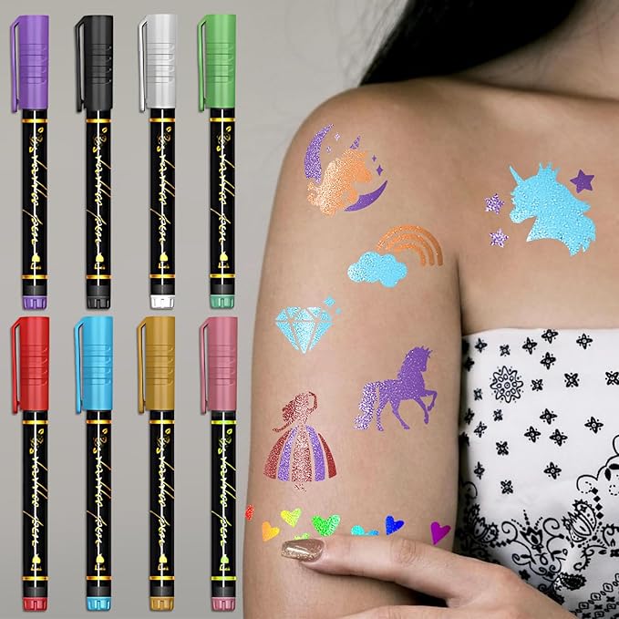 Unicorn Temporary Tattoo Markers for Skin, 8 Metal Body Markers + 169 Large Princess Rainbow Tattoo Stencils for Kids Adults, Cosmetic-Grade Tattoo Ink, DIY Body Art Party Favors for Women Men