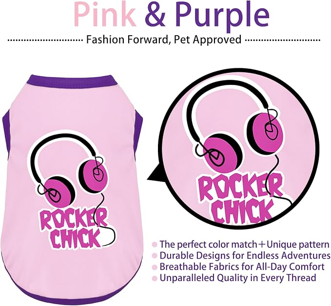 Color-Blocked Dog Tank Top with Playful Heat Transfer Designs – Lightweight Polyester Shirt for Small,MediumDogs, Perfect for Casual Outings.Rocker Chick Light Pink S